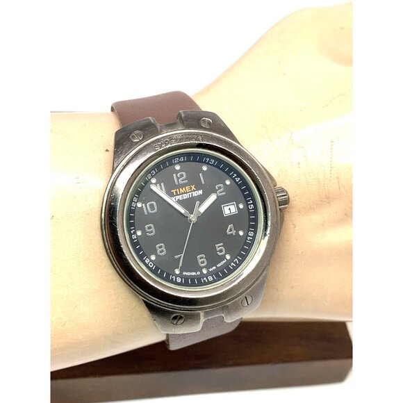 Timex Men's Watch Expedition Quartz Indiglo Gunmetal Brown Leather Strap 40mm - Picture 10 of 13